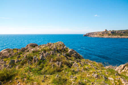 Watchtower near ionian sea (Uluzzo tower in Porto Selvaggio) Apulia, Salento, Italyの写真素材
