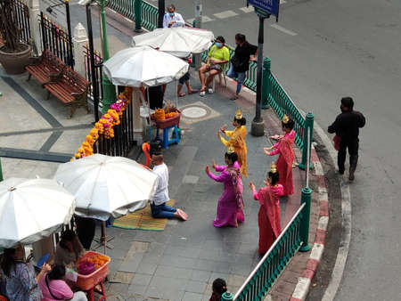 religious rituals near Erawan Shrine Temple in Bangkok without people during the pandemic Covid-19のeditorial素材