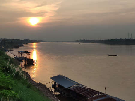 Mekong riverside at sunset in Nong Khai city, North Thailandのeditorial素材