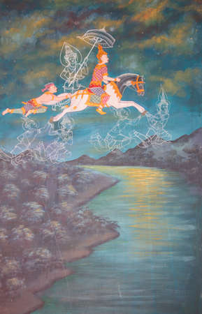 Buddhist painting detail inside Wat Chanasongkhram Ratchaworamahawihan (Wat Chana Songkhram), Bangkok, Thailandのeditorial素材