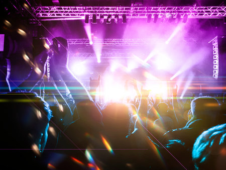 Shot taken during a music festival inside a concert hall. People are visible clapping the main...