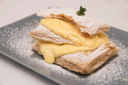 Close up on a restaurant dessert resting on a table top