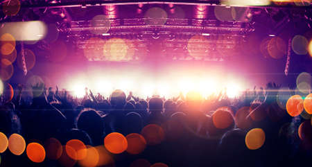 Concert crowd point of view inside a large concert hall during a music festival, the lit stage is visible.の写真素材
