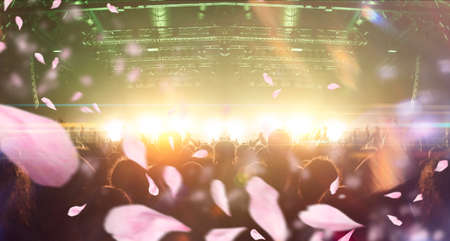 Concert crowd point of view inside a large concert hall during a music festival, the lit stage is visible.の写真素材