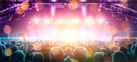 Concert photography during a gig,this is the point of view of the crowd in front of a stage during a...