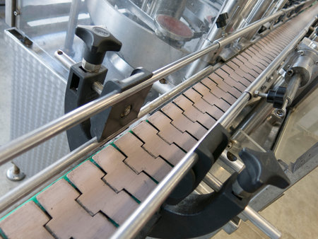 Detail of a conveyor belt inside a facility production line.
