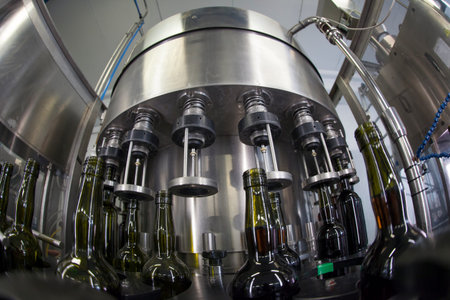 Detail of a conveyor belt inside a facility production line for glass bottles. No people are...