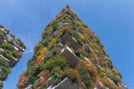 Milan, Italy - October 10, 2020: low angle view of the Bosco Verticale towers in Milan, shot is...