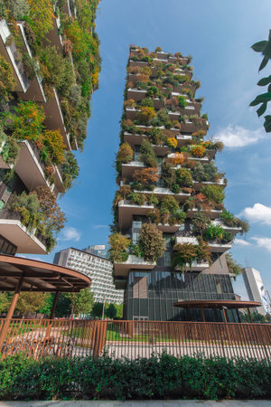 Milan, Italy - October 10, 2020: low angle view of the Bosco Verticale towers in Milan, shot is...