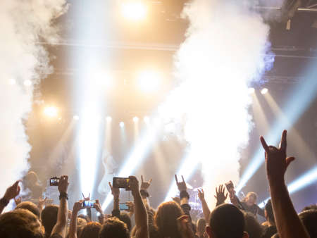 Front view of a concert stage shot in the middle of a music festival.の写真素材
