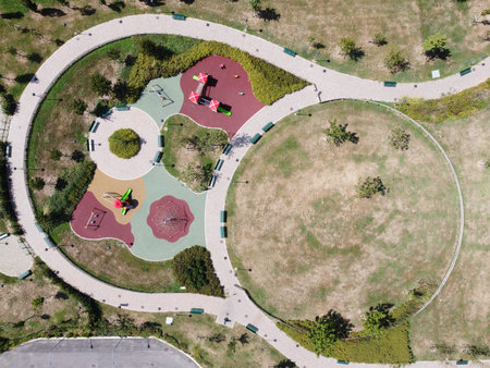 Aerial view of children's playground in city park. Children's playground in the park.