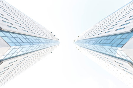 Low angle view of tall buildings against a blue sky.