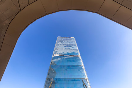 Milano, Italy - June 18, 2021: street view of Piazza Tre Torri in Milan during a summer daylight, buildings are visible against a clear blue sky.のeditorial素材