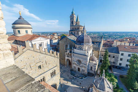 Bergamo, Italy - July 10, 2021: street view of Bergamo Alta citadel in full daylight, people are visible in the distance.のeditorial素材