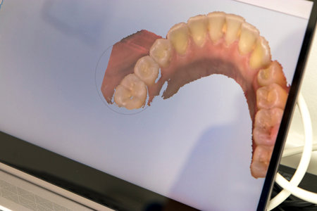 Close up detail of a dentist mouth scanner in action.