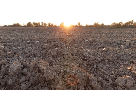 Countryside sunset landscape with vivid colors. No people are visible.の写真素材