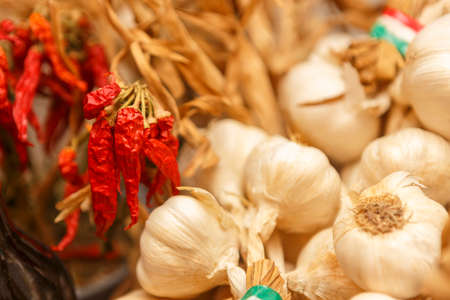 Close up on spanish food tapas on a restaurant table top, no people are visible.の写真素材