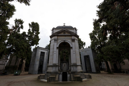 Milan, Italy - December 4, 2021: street view of the graves in Cimitero Monumentale in Milano. No people are visible.のeditorial素材