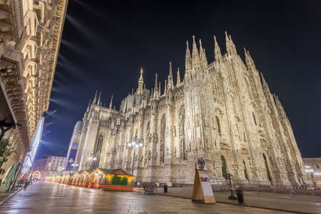 Milan, Italy - December 7, 2021: night street view of Milan with Christmas decorations in Piazza del Duomo.のeditorial素材