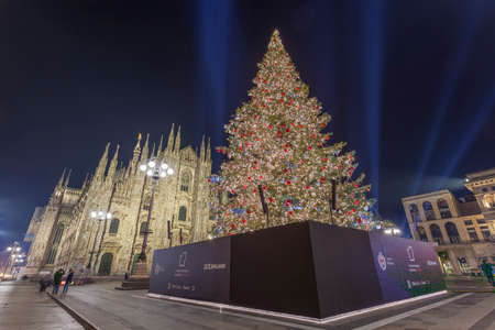 Milan, Italy - December 7, 2021: night street view of Milan with Christmas decorations in Piazza del Duomo.のeditorial素材