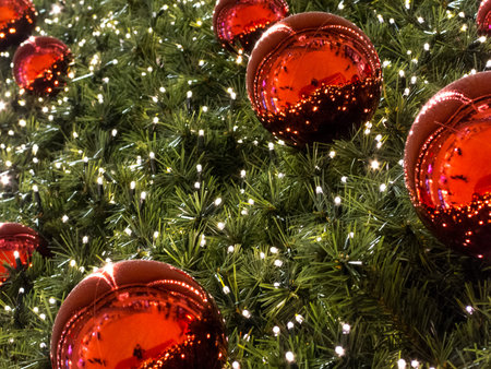 Close up on a Christmas tree with red decorative balls.
