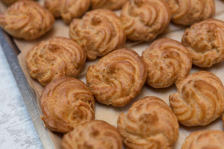 Close up of puff pastry on a baking sheet. High quality photoの写真素材