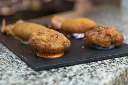 Close up on spanish tapas from a restaurant buffet dinner.