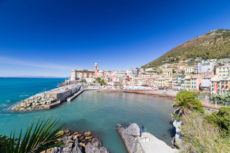 Nervi, Italy - April 10, 2022: seaside landscape on the Passeggiata di Nervi, Genova, during a sunny...