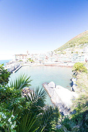 Nervi, Italy - April 10, 2022: seaside landscape on the Passeggiata di Nervi, Genova, during a sunny day.の写真素材