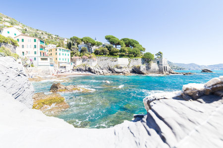 Nervi, Italy - April 10, 2022: seaside landscape on the Passeggiata di Nervi, Genova, during a sunny day.の写真素材