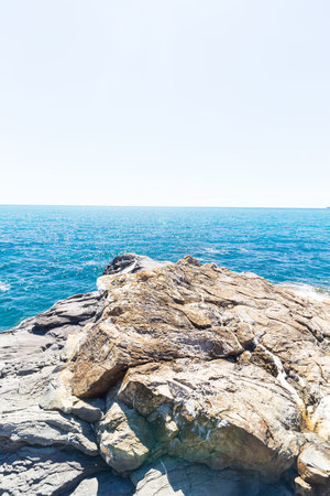 Nervi, Italy - April 10, 2022: seaside landscape on the Passeggiata di Nervi, Genova, during a sunny day.の写真素材