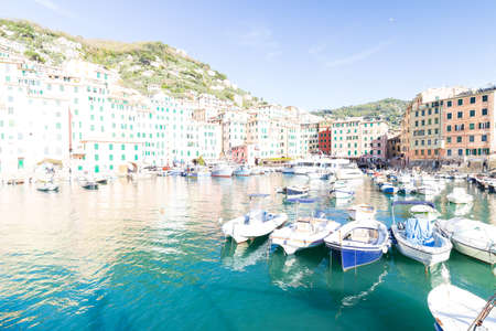 Camogli, Italy - April 10, 2022: sunset view of the seaside on the coast of Liguria.の写真素材
