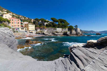 Nervi, Italy - April 10, 2022: seaside landscape on the Passeggiata di Nervi, Genova, during a sunny day.の写真素材