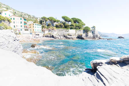 Nervi, Italy - April 10, 2022: seaside landscape on the Passeggiata di Nervi, Genova, during a sunny day.の写真素材
