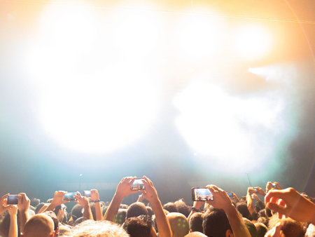 Crowd cheering at a music festival, hands holding mobile phone.
