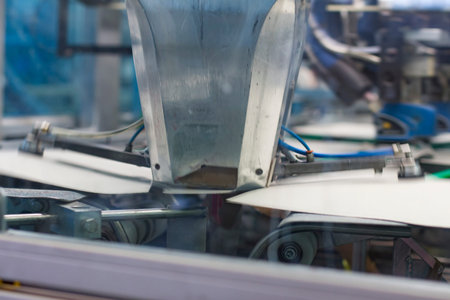 Close up detail of cartographic industrial machinery at work in a production line, conveyor belts...