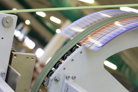 Close up detail of cartographic industrial machinery at work in a production line, conveyor belts...