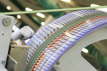 Close up detail of cartographic industrial machinery at work in a production line, conveyor belts are visible, no people are present.の写真素材