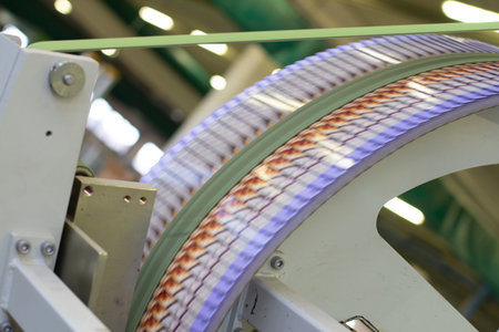 Close up detail of cartographic industrial machinery at work in a production line, conveyor belts...