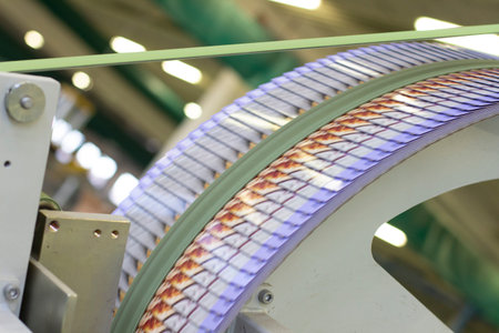 Close up detail of cartographic industrial machinery at work in a production line, conveyor belts...