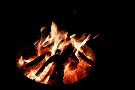 Bonfire on a black background. Close-up of the fire.