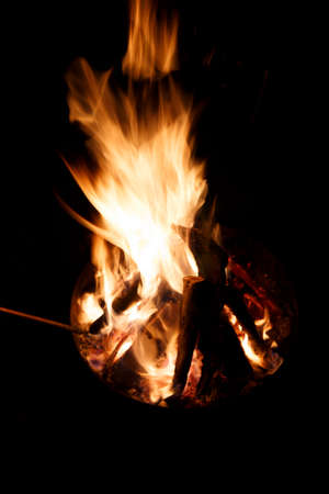 Burning firewood in a bonfire on a black background.の写真素材