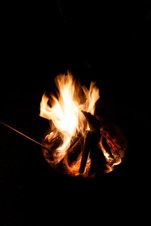Burning coconut on a stick in the dark. Burning coconut on a stick.の写真素材