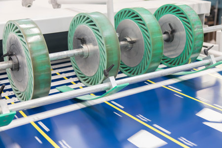 Conveyor belt on a spinning machine in a modern factory. Conveyor belt with spinning wheels