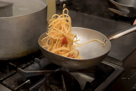 Close up on italian seafood spaghetti, nobody is visible.の写真素材