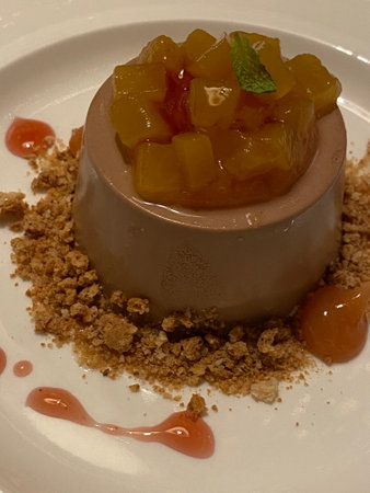 Panna cotta with apricot jam, on a white plateの写真素材