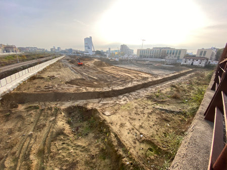 construction of a new road in the city, closeup of photoの写真素材