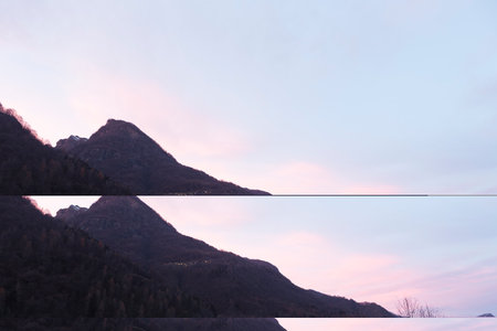 Mountains at sunset in winter. Collage. Horizontal.の写真素材