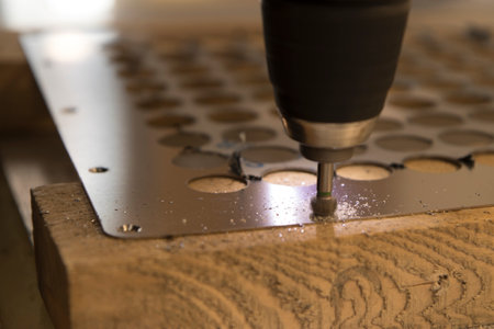 Drilling a hole in a wooden board with a drill machineの写真素材