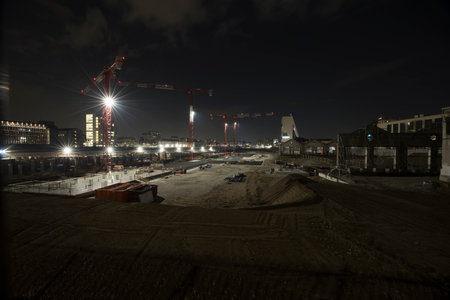 Construction site with cranes at night, Moscow, Russia, 2014の写真素材